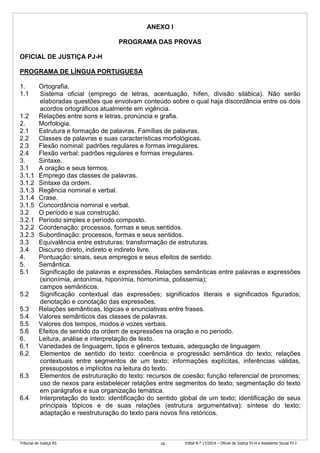 Tribunal de Justiça RS Edital N.º 17/2014 – Oficial de Justiça PJ-H e Assistente Social PJ-J18
ANEXO I
PROGRAMA DAS PROVAS
OFICIAL DE JUSTIÇA PJ-H
PROGRAMA DE LÍNGUA PORTUGUESA
1. Ortografia.
1.1 Sistema oficial (emprego de letras, acentuação, hífen, divisão silábica). Não serão
elaboradas questões que envolvam conteúdo sobre o qual haja discordância entre os dois
acordos ortográficos atualmente em vigência.
1.2 Relações entre sons e letras, pronúncia e grafia.
2. Morfologia.
2.1 Estrutura e formação de palavras. Famílias de palavras.
2.2 Classes de palavras e suas características morfológicas.
2.3 Flexão nominal: padrões regulares e formas irregulares.
2.4 Flexão verbal: padrões regulares e formas irregulares.
3. Sintaxe.
3.1 A oração e seus termos.
3.1.1 Emprego das classes de palavras.
3.1.2 Sintaxe da ordem.
3.1.3 Regência nominal e verbal.
3.1.4 Crase.
3.1.5 Concordância nominal e verbal.
3.2 O período e sua construção.
3.2.1 Período simples e período composto.
3.2.2 Coordenação: processos, formas e seus sentidos.
3.2.3 Subordinação: processos, formas e seus sentidos.
3.3 Equivalência entre estruturas; transformação de estruturas.
3.4 Discurso direto, indireto e indireto livre.
4. Pontuação: sinais, seus empregos e seus efeitos de sentido.
5. Semântica.
5.1 Significação de palavras e expressões. Relações semânticas entre palavras e expressões
(sinonímia, antonímia, hiponímia, homonímia, polissemia);
campos semânticos.
5.2 Significação contextual das expressões; significados literais e significados figurados;
denotação e conotação das expressões.
5.3 Relações semânticas, lógicas e enunciativas entre frases.
5.4 Valores semânticos das classes de palavras.
5.5 Valores dos tempos, modos e vozes verbais.
5.6 Efeitos de sentido da ordem de expressões na oração e no período.
6. Leitura, análise e interpretação de texto.
6.1 Variedades de linguagem, tipos e gêneros textuais, adequação de linguagem.
6.2 Elementos de sentido do texto: coerência e progressão semântica do texto; relações
contextuais entre segmentos de um texto; informações explícitas, inferências válidas,
pressupostos e implícitos na leitura do texto.
6.3 Elementos de estruturação do texto: recursos de coesão; função referencial de pronomes;
uso de nexos para estabelecer relações entre segmentos do texto; segmentação do texto
em parágrafos e sua organização temática.
6.4 Interpretação do texto: identificação do sentido global de um texto; identificação de seus
principais tópicos e de suas relações (estrutura argumentativa); síntese do texto;
adaptação e reestruturação do texto para novos fins retóricos.
 