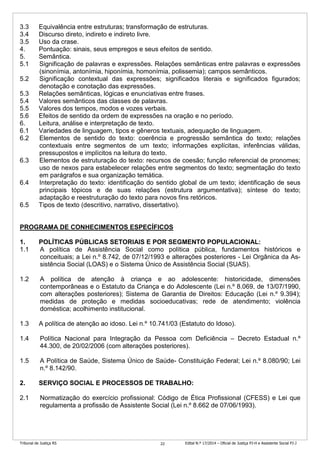 Tribunal de Justiça RS Edital N.º 17/2014 – Oficial de Justiça PJ-H e Assistente Social PJ-J22
3.3 Equivalência entre estruturas; transformação de estruturas.
3.4 Discurso direto, indireto e indireto livre.
3.5 Uso da crase.
4. Pontuação: sinais, seus empregos e seus efeitos de sentido.
5. Semântica.
5.1 Significação de palavras e expressões. Relações semânticas entre palavras e expressões
(sinonímia, antonímia, hiponímia, homonímia, polissemia); campos semânticos.
5.2 Significação contextual das expressões; significados literais e significados figurados;
denotação e conotação das expressões.
5.3 Relações semânticas, lógicas e enunciativas entre frases.
5.4 Valores semânticos das classes de palavras.
5.5 Valores dos tempos, modos e vozes verbais.
5.6 Efeitos de sentido da ordem de expressões na oração e no período.
6. Leitura, análise e interpretação de texto.
6.1 Variedades de linguagem, tipos e gêneros textuais, adequação de linguagem.
6.2 Elementos de sentido do texto: coerência e progressão semântica do texto; relações
contextuais entre segmentos de um texto; informações explícitas, inferências válidas,
pressupostos e implícitos na leitura do texto.
6.3 Elementos de estruturação do texto: recursos de coesão; função referencial de pronomes;
uso de nexos para estabelecer relações entre segmentos do texto; segmentação do texto
em parágrafos e sua organização temática.
6.4 Interpretação do texto: identificação do sentido global de um texto; identificação de seus
principais tópicos e de suas relações (estrutura argumentativa); síntese do texto;
adaptação e reestruturação do texto para novos fins retóricos.
6.5 Tipos de texto (descritivo, narrativo, dissertativo).
PROGRAMA DE CONHECIMENTOS ESPECÍFICOS
1. POLÍTICAS PÚBLICAS SETORIAIS E POR SEGMENTO POPULACIONAL:
1.1 A política de Assistência Social como política pública, fundamentos históricos e
conceituais; a Lei n.º 8.742, de 07/12/1993 e alterações posteriores - Lei Orgânica da As-
sistência Social (LOAS) e o Sistema Único de Assistência Social (SUAS).
1.2 A política de atenção à criança e ao adolescente: historicidade, dimensões
contemporâneas e o Estatuto da Criança e do Adolescente (Lei n.º 8.069, de 13/07/1990,
com alterações posteriores); Sistema de Garantia de Direitos: Educação (Lei n.º 9.394);
medidas de proteção e medidas socioeducativas; rede de atendimento; violência
doméstica; acolhimento institucional.
1.3 A política de atenção ao idoso. Lei n.º 10.741/03 (Estatuto do Idoso).
1.4 Política Nacional para Integração da Pessoa com Deficiência – Decreto Estadual n.º
44.300, de 20/02/2006 (com alterações posteriores).
1.5 A Política de Saúde, Sistema Único de Saúde- Constituição Federal; Lei n.º 8.080/90; Lei
n.º 8.142/90.
2. SERVIÇO SOCIAL E PROCESSOS DE TRABALHO:
2.1 Normatização do exercício profissional: Código de Ética Profissional (CFESS) e Lei que
regulamenta a profissão de Assistente Social (Lei n.º 8.662 de 07/06/1993).
 