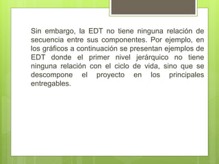 Sin embargo, la EDT no tiene ninguna relación de
secuencia entre sus componentes. Por ejemplo, en
los gráficos a continuación se presentan ejemplos de
EDT donde el primer nivel jerárquico no tiene
ninguna relación con el ciclo de vida, sino que se
descompone el proyecto en los principales
entregables.
 