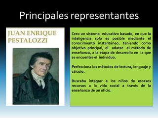 Creo un sistema educativo basado, en que la
inteligencia solo es posible mediante el
conocimiento instantáneo, teniendo como
objetivo principal, el adatar el método de
enseñanza, a la etapa de desarrollo en la que
se encuentre el individuo.
Perfecciona los métodos de lectura, lenguaje y
cálculo.
Buscaba integrar a los niños de escasos
recursos a la vida social a través de la
enseñanza de un oficio.
Principales representantes
 