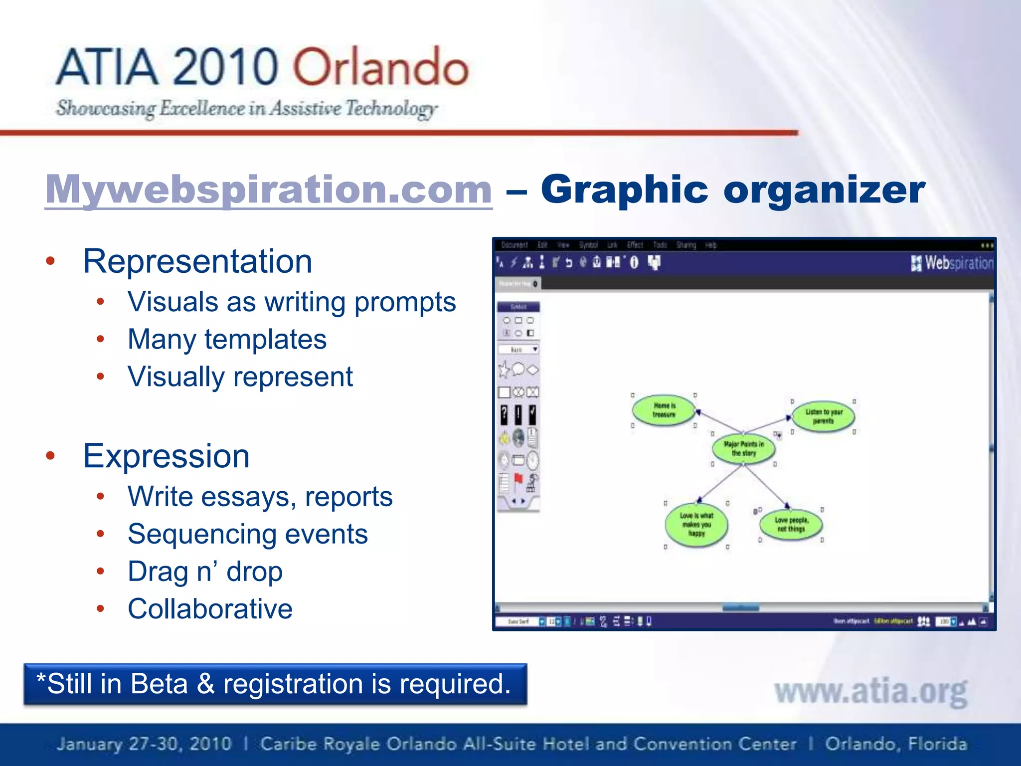 Mywebspiration.com – Graphic organizerRepresentation Visuals as writing promptsMany templatesVisually representExpressionWrite essays, reportsSequencing eventsDrag n’ dropCollaborative*Still in Beta & registration is required.