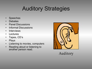 Auditory Strategies Speeches Debates Panel Discussions Informal Discussions Interviews Lectures Tapes, CD’s Plays Listening to movies, computers Reading aloud or listening to another person read. 