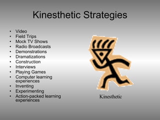 Kinesthetic Strategies Video Field Trips Mock TV Shows Radio Broadcasts Demonstrations Dramatizations Construction Interviews Playing Games Computer learning experiences Inventing Experimenting Action-packed learning experiences 