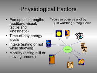 Physiological Factors Perceptual strengths (auditory, visual, tactile and kinesthetic) Time-of-day energy levels Intake (eating or not while studying) Mobility (sitting still or moving around) “ You can observe a lot by just watching.”- Yogi Berra 