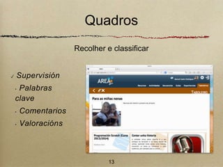 Quadros 
Recolher e classificar 
✓ Supervisión 
‣ Palabras 
clave 
‣ Comentarios 
‣ Valoracións 
13 
 