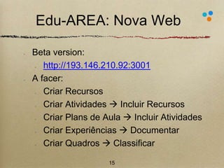 Edu-AREA: Nova Web 
Beta version: 
http://193.146.210.92:3001 
A facer: 
Criar Recursos 
Criar Atividades  Incluir Recursos 
Criar Plans de Aula  Incluir Atividades 
Criar Experiências  Documentar 
Criar Quadros  Classificar 
15 
 