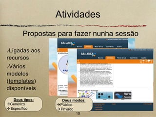 Atividades 
Propostas para fazer nunha sessão 
✓Ligadas aos 
recursos 
✓Vários 
modelos 
(templates) 
disponíveis 
10 
Dous tipos: 
Genérico 
 Específico 
Dous modos: 
Público 
 Privado 
 