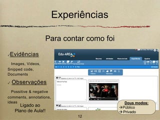 Experiências 
Para contar como foi 
✓Evidências 
Images, Videos, 
Snipped code, 
Documents 
✓ Observações 
Possitive & negative 
comments, annotations, 
ideas 
Ligado ao 
Plano de Aula!! 
12 
Dous modos: 
Público 
 Privado 
 