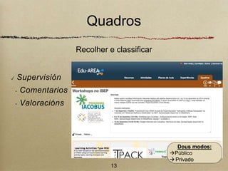 Quadros 
Recolher e classificar 
✓ Supervisión 
‣ Comentarios 
‣ Valoracións 
13 
Dous modos: 
Público 
 Privado 
 