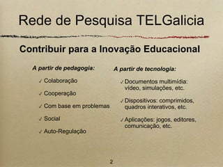 Rede de Pesquisa TELGalicia 
Contribuir para a Inovação Educacional 
A partir de tecnologia: 
✓ Documentos multimídia: 
vídeo, simulações, etc. 
✓ Dispositivos: comprimidos, 
quadros interativos, etc. 
✓ Aplicações: jogos, editores, 
comunicação, etc. 
A partir de pedagogia: 
✓ Colaboração 
✓ Cooperação 
✓ Com base em problemas 
✓ Social 
✓ Auto-Regulação 
2 
 