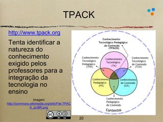 TPACK 
http://www.tpack.org 
Tenta identificar a 
natureza do 
conhecimento 
exigido pelos 
professores para a 
integração da 
tecnologia no 
ensino 
20 
Imagem 
http://commons.wikimedia.org/wiki/File:TPAC 
K_pt-BR.png 
 