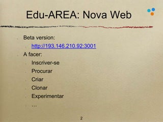 Edu-AREA: Nova Web 
Beta version: 
http://193.146.210.92:3001 
A facer: 
Inscriver-se 
Procurar 
Criar 
Clonar 
Experimentar 
… 
2 
 