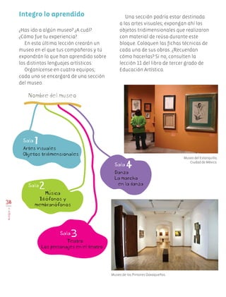 Sala1Artesvisuales
Objetostridimensionales
¿Has ido a algún museo? ¿A cuál?
¿Cómo fue tu experiencia?
En esta última lección crearán un
museo en el que tus compañeros y tú
expondrán lo que han aprendido sobre
los distintos lenguajes artísticos.
Organícense en cuatro equipos;
cada uno se encargará de una sección
del museo.
Integro lo aprendido Una sección podría estar destinada
a las artes visuales; expongan ahí los
objetos tridimensionales que realizaron
con material de reúso durante este
bloque. Coloquen las fichas técnicas de
cada una de sus obras. ¿Recuerdan
cómo hacerlas? Si no, consulten la
lección 11 del libro de tercer grado de
Educación Artística.
Nombredelmuseo
Sala2
Música
Idiófonosy
membranófonos
Sala3Teatro
Lospersonajesenelteatro
Sala4
Danza
Lamarcha
enladanza
38
BLOQUEII
Museo de los Pintores Oaxaqueños.
Museo del Estanquillo,
Ciudad de México.
EDU-ART-4-P-001-039.indd 38 13/01/17 10:41
 