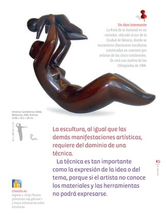 La escultura, al igual que las
demás manifestaciones artísticas,
requiere del dominio de una
técnica.
La técnica es tan importante
como la expresión de la idea o del
tema, porque si el artista no conoce
los materiales y las herramientas
no podrá expresarse.
45
LECCIÓN10
Antonio Castellanos (1946),
Balanceo, 1985, bronce,
43.80 × 76.2 × 28 cm.
Un dato interesante
La Ruta de la Amistad es un
corredor, ubicado al sur de la
Ciudad de México, donde se
encuentran diecinueve esculturas
construidas en concreto por
artistas de los cinco continentes.
Se creó con motivo de las
Olimpiadas de 1968.
Consulta en:
Ingresa a <http://basica.
primariatic.sep.gob.mx/>
y busca información sobre
esculturas.
140cm
EDU-ART-4-P-040-088.indd 45 10/01/17 12:59
 