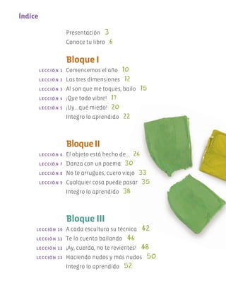 Presentación 3
		 Conoce tu libro 6
	 	Bloque I
	 LECCIÓN 1	 Comencemos el año 10
	 LECCIÓN 2	 Las tres dimensiones 12
	 LECCIÓN 3	 Al son que me toques, bailo 15
	 LECCIÓN 4	 ¡Que todo vibre! 17
	 LECCIÓN 5	 ¡Uy... qué miedo! 20
	 	 Integro lo aprendido 22
	
	 	 BloqueII
	 LECCIÓN 6	 El objeto está hecho de... 26
	 LECCIÓN 7	 Danza con un poema 30
	 LECCIÓN 8	 No te arrugues, cuero viejo 33
	 LECCIÓN 9	 Cualquier cosa puede pasar 35
	 	 Integro lo aprendido 38
	 	 Bloque III
	 LECCIÓN 10	 A cada escultura su técnica 42
	 LECCIÓN 11	 Te lo cuento bailando 46
	 LECCIÓN 12	 ¡Ay, cuerda, no te revientes! 48
	 LECCIÓN 13	 Haciendo nudos y más nudos 50
	 	 Integro lo aprendido 52
Índice
Edu Art 4.indb 4 19/08/15 12:12
 