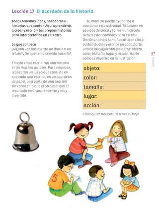 67
LECCIÓN17
Todos tenemos ideas, anécdotas e
historias que contar. Aquí aprenderás
a crear y escribir tus propias historias
para interpretarlas en el teatro.
Lo que conozco
¿Alguna vez has escrito un diario o un
relato? ¿De qué te ha servido hacerlo?
En esta clase escribirán una historia
entre muchos autores. Para empezar,
realizarán un juego que consiste en
que cada uno escriba, en un acordeón
de papel, una parte de una oración
sin conocer lo que el otro escribió. El
resultado será sorprendente y muy
divertido.
Lección 17  El acordeón de la historia
objeto:
color:
tamaño:
lugar:
acción:
Su maestro puede ayudarlos a
coordinar esta actividad. Reúnanse en
equipos de cinco y formen un círculo.
Deben estar cómodos para escribir.
Divide una hoja tamaño carta en cinco
partes iguales y escribe en cada parte
una de las siguientes palabras: objeto,
color, tamaño, lugar y acción. Hazlo
como se muestra en la ilustración:
Cada quien necesitará tener su hoja.
Edu Art 4.indb 67 19/08/15 12:13
 