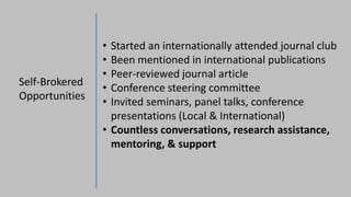 Self-Brokered
Opportunities
• Started an internationally attended journal club
• Been mentioned in international publications
• Peer-reviewed journal article
• Conference steering committee
• Invited seminars, panel talks, conference
presentations (Local & International)
• Countless conversations, research assistance,
mentoring, & support
 