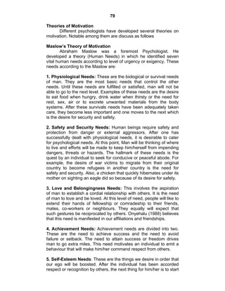 79 
Theories of Motivation 
Different psychologists have developed several theories on 
motivation. Notable among them are discuss as follows 
Maslow’s Theory of Motivation 
Abraham Maslow was a foremost Psychologist. He 
developed a theory (Human Needs) in which he identified seven 
vital human needs according to level of urgency or exigency. These 
needs according to the Maslow are: 
1. Physiological Needs: These are the biological or survival needs 
of man. They are the most basic needs that control the other 
needs. Until these needs are fulfilled or satisfied, man will not be 
able to go to the next level. Examples of these needs are the desire 
to eat food when hungry, drink water when thirsty or the need for 
rest, sex, air or to excrete unwanted materials from the body 
systems. After these survivals needs have been adequately taken 
care, they become less important and one moves to the next which 
is the desire for security and safety. 
2. Safety and Security Needs: Human beings require safety and 
protection from danger or external aggressors. After one has 
successfully dealt with physiological needs, it is desirable to cater 
for psychological needs. At this point, Man will be thinking of where 
to live and efforts will be made to keep him/herself from impending 
dangers, threats or hazards. The hallmark of these needs is the 
quest by an individual to seek for conducive or peaceful abode. For 
example, the desire of war victims to migrate from their original 
country to become refugees in another country is the need for 
safety and security. Also, a chicken that quickly hibernates under its 
mother on sighting an eagle did so because of its desire for safety. 
3. Love and Belongingness Needs: This involves the aspiration 
of man to establish a cordial relationship with others. It is the need 
of man to love and be loved. At this level of need, people will like to 
extend their hands of fellowship or comradeship to their friends, 
mates, co-workers or neighbours. They equally will expect that 
such gestures be reciprocated by others. Onyehalu (1988) believes 
that this need is manifested in our affiliations and friendships. 
4. Achievement Needs: Achievement needs are divided into two. 
These are the need to achieve success and the need to avoid 
failure or setback. The need to attain success or freedom drives 
man to go extra miles. This need motivates an individual to emit a 
behaviour that will make him/her command respect from others. 
5. Self-Esteem Needs: These are the things we desire in order that 
our ego will be boosted. After the individual has been accorded 
respect or recognition by others, the next thing for him/her is to start 
 