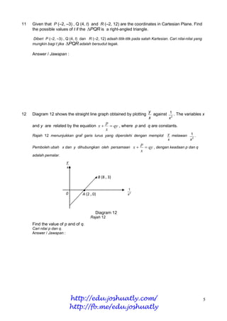 11   Given that P (–2, –3) , Q (4, t) and R (–2, 12) are the coordinates in Cartesian Plane. Find
     the possible values of t if the PQR is a right-angled triangle.

     Diberi P (–2, –3) , Q (4, t) dan R (–2, 12) adaah titik-titk pada satah Kartesian. Cari nilai-nilai yang
     mungkin bagi t jika PQR adalah bersudut tegak.

     Answer / Jawapan :




                                                                            y
12   Diagram 12 shows the straight line graph obtained by plotting            against 12 . The variables x
                                                                            x         x
                                                    p
     and y are related by the equation x              qy , where p and q are constants.
                                                    x
     Rajah 12 menunjukkan graf garis lurus yang diperolehi dengan memplot               y melawan 1 .
                                                                                        x         x2
                                                                       p
     Pemboleh ubah x dan y dihubungkan oleh persamaan x                  qy , dengan keadaan p dan q
                                                                       x
     adalah pemalar.
                           y
                           x

                                           .   B (8 , 3)


                           0
                                   .
                                   A (2 , 0)
                                                               1
                                                               x2




                                           Diagram 12
                                        Rajah 12
     Find the value of p and of q.
     Cari nilai p dan q.
     Answer / Jawapan :




                               http://edu.joshuatly.com/                                                        5
                               http://fb.me/edu.joshuatly
 