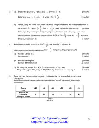 3
3    (a)    Sketch the graph of                        for 0  x   .                              [4 marks]
                                                                  2
                                                                 3
            Lakar graf bagi                         untuk 0  x   .                              [4 markah]
                                                                 2


     (b)    Hence, using the same axes, draw a suitable straight line to find the number of solution to
                                           3x            3
            the equation 3  3 cos 2 x       for 0  x   State the number of solutions.          [3 marks]
                                           π             2
            Seterusnya dengan menggunakan paksi yang sama, lakar satu garis lurus yang sesuai untuk
                                                                              3x              3
            mencari bilangan penyelesaian bagi persamaan 3     3 cos 2 x       untuk 0  x   .Nyatakan
                                                                              π               2
            bilangan penyelesaian itu.                                                             [3 markah]

                                           2    1
4    A curve with gradient function as 16 x      has a turning point at (k, 4)
                                               x2
                                                2  1
     Suatu lengkung dengan fungsi kecerunan 16 x  2 mempunyai titik pusingan di (k, 4)
                                                   x
     (a)    Find the values of k.                                                                   [3 marks]
            Cari nilai- nilai k.                                                                   [3 markah]

     (b) Find maximum point.                                                                        [2 marks]
         Carikan titik maksimum                                                                    ,[2 markah]

     (c) By using the answer from 4(b), find the equation of the curve.                             [3 marks]
         Dengan menggunakan jawapan daripada 4 (b), cari persamaan lengkung itu.                   [3 markah]



5.   Table 5 shows the cumulative frequency distribution for the scores of 40 students in a
     competition.
     Jadual 5 menunjukkan taburan kekerapan longgokan bagi skor 40 orang murid dalam suatu
     pertandingan.


                Score                <40      <50         <60        <70           <80       <90
                skor
             Number of
              students                5        11          20         28           34         40
           Bilangan murid
                                                     Table 5
                                                     Jadual 5




                                   http://edu.joshuatly.com/                                               26
                                   http://fb.me/edu.joshuatly
 