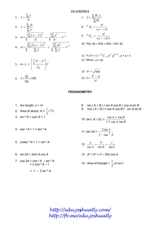 STATISTICS
     x
          x                                                       Wi I i
1.                                                      7    I
          N                                                         Wi
2.   x
           fx                                          8    n
                                                                 Pr 
                                                                        n!
          f                                                        ( n  r )!
                                                                         n!
3.  
           ( x  x )2     =
                                    x2  x 2           9    n
                                                               Cr 
                 N                  N                               ( n  r )!r!
                                                        10 P(AB) = P(A) + P(B) – P(AB)
4.  
           f ( x  x )2       =
                                     fx 2  x 2
               f                   f
                                                        11 P ( X = r ) = n C r p r q n  r , p + q = 1
           1N  F                                     12 Mean ,  = np
                 
5. m = L +  2      C
              fm 
                  
                 
                                                        13     npq
        Q                                                      X 
6.   I  1 100                                         14 Z =
        Q0                                                       


                                                TRIGONOMETRY



1. Arc length, s = r                                   8.   sin ( A  B ) = sin A cos B  cos A sin B
                      1                                 9.   cos ( A  B ) = cos A cos B  sin A sin B
2. Area of sector, A = r 2
                      2
3. sin ² A + cos² A = 1                                                          tan A  tan B
                                                        10 tan ( A  B ) =
                                                                                1  tan A tan B

4. sec ² A = 1 + tan ² A                                                     2 tan A
                                                        11 tan 2A =
                                                                        1  tan 2 A

5. cosec ² A = 1 + cot ² A                                     a     b     c
                                                        12             
                                                             sin A sin B sin C

6. sin 2A = 2sin A cos A                                13 a² = b² + c² – 2bc cos A

7. cos 2A = cos ² A – sin ² A                                                          1
          = 2 cos ² A – 1                               14 Area of triangle =            ab sin C
                                                                                       2
              = 1 – 2 sin ² A




                               http://edu.joshuatly.com/
                                            3
                               http://fb.me/edu.joshuatly
 