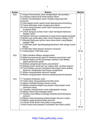 6


Soalan                                Butiran                              Markah
 6(a)    F1 Wujud rekod bertulis untuk mengesahkan hak pemilikan              1
         F2 Undang-undang tanah berkonsepkan Barat                            1
         F3 British membahagikan tanah mengikut kegunaan/nilai                1
         komersial                                                            1
         F4 Ada kategori tanah seperti tanah ladang/peribumi/lombong          1
         F5 Tanah dikenakan cukai mengikut jenis tanah                        1
         F6 Untuk mengusahakan tanah mesti membuat permohonan
            di pejabat tanah                                                  1
         F7 Untuk mengutip sumber hutan mesti mendapat kebenaran
            Pejabat Tanah                                                     1
         F8 Residen berkuasa memberikan konsesi tanah kepada pemodal          1
         F9 British juga perkenalkan Akta Tanah Simpanan Melayu 1913          1
         F10Residen berkuasa isytihar mana-mana tanah orang Melayu
            sebagai TSM                                                       1
         F11TSM tidak boleh dijual/dipajakgadai/ditukar milik dengan bukan
           Melayu                                                             1
         F12TSM tidak boleh ditanam tanaman komersial                         1
         F13 Kebanyakan TSM tidak subur                                     [8 m]

 6(b)    F1 Mahu kekalkan Melayu sebagai petani                             1
         F2 Melarang penanaman getah di kawasan penanaman padi              1
         F3 Mengurangkan jumlah penyertaan pekebun kecil Melayu             1
            dalam penanaman getah
         F4 Elakkan pergantungan beras yang diimport                        1
         F5 Bekalan/mport beras dari luar negara tidak sentiasa terjamin    1
         F6 Tanah Melayu pernah mengalami kekurangan beras apabila          1
            Myanmar menghadapi kekurangan pengeluaran
         F7 British mengutamakan ekonomi mereka                             1
         F8 British mengutamakan ekonomi peladang besar/komprador           1

 6(c)    F1 Terpaksa membayar cukai                                        [6 m]
         F2 Tidak bebas mengusahakan/memiliki tanah                          1
         F3 Melayu terdedah dengan ekonomi wang                              1
         F4 Melayu terpaksa bergantung dengan orang tengah untuk             1
            meminjam wang                                                    1
         F5 Terpaksa menjual tanah untuk melangsaikan hutang
         F6 Melayu kekal miskin/sebagai petani                              1
         F7 Pekebun kecil Melayu terpinggir daripada aliran/kemajuan        1
            ekonomi                                                         1
         F8 Melayu tidak berpeluang terlibat dengan ekonomi moden
         F9 Melayu gagal bersaing dalam ekonomi                              1
         F10 Dasar tanah British menyulitkan orang Melayu                    1
         (Terima mana-mana jawapan munasabah dan kesan positif)              1
                                                                           [6 m]




                      http://edu.joshuatly.com/
 