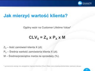 Jak mierzyć wartość klienta?
Ogólny wzór na Customer Lifetime Value*
CLVX = ZX x PX x M
ZX – Ilość zamówień klienta X (zł);
PX – Średnia wartość zamówienia klienta X (zł);
M – Średnia/przeciętna marża na sprzedaży (%).
* uproszczona wersja nie uwzględnia migracji klientów (Churn Rate) oraz prawdopodobieństwa realizacji zakupu
27
 