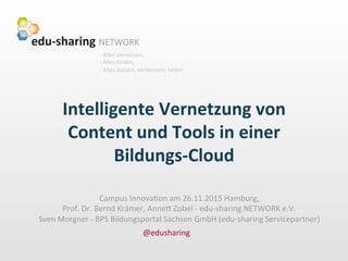 -­‐	
  Alles	
  vernetzen,	
  	
  
-­‐	
  Alles	
  ﬁnden,	
  	
  
-­‐	
  Alles	
  nutzen,	
  verbessern,	
  teilen	
  
Intelligente	
  Vernetzung	
  von	
  
Content	
  und	
  Tools	
  in	
  einer	
  
Bildungs-­‐Cloud	
  
Campus	
  Innova8on	
  am	
  26.11.2015	
  Hamburg,	
  
Prof.	
  Dr.	
  Bernd	
  Krämer,	
  AnneG	
  Zobel	
  -­‐	
  edu-­‐sharing	
  NETWORK	
  e.V.	
  
Sven	
  Morgner	
  -­‐	
  BPS	
  Bildungsportal	
  Sachsen	
  GmbH	
  (edu-­‐sharing	
  Servicepartner)	
  
@edusharing	
  
 