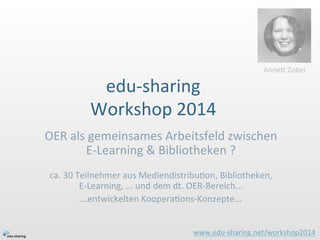edu-­‐sharing 
Workshop 
2014 
AnneM 
Zobel 
OER 
als 
gemeinsames 
Arbeitsfeld 
zwischen 
E-­‐Learning 
& 
Bibliotheken 
? 
ca. 
30 
Teilnehmer 
aus 
MediendistribuIon, 
Bibliotheken, 
E-­‐Learning, 
... 
und 
dem 
dt. 
OER-­‐Bereich... 
...entwickelten 
KooperaIons-­‐Konzepte... 
www.edu-­‐sharing.net/workshop2014 
 