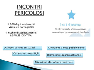 INCONTRI 
PERICOLOSI 
Il 90% degli adolescenti 
visita siti pornografici 
Il rischio di addescamento: 
LE FALSE IDENTITA’ 
Dialogo sul tema sessualità 
Attenzione a cosa pubblichiamo 
Diamo uno sguardo agli amici 
Osservare i nostri figli 
Attenzione alle informazioni date 
 