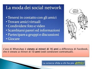 L'uso di WhatsApp è vietato ai minori di 16 anni a differenza di Facebook, 
che è vietato ai minori di 13 anni (vedi condizioni contrattuali). 
La sciocca sfida a chi ha più amici 
 
