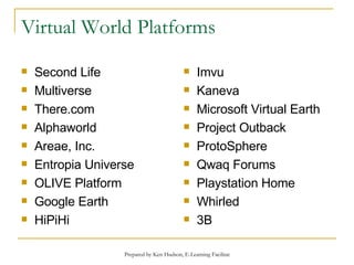 Virtual World Platforms Second Life Multiverse There.com Alphaworld Areae, Inc. Entropia Universe OLIVE Platform Google Earth HiPiHi Imvu Kaneva Microsoft Virtual Earth Project Outback ProtoSphere Qwaq Forums Playstation Home Whirled  3B 