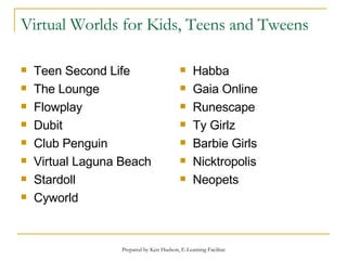 Virtual Worlds for Kids, Teens and Tweens Teen Second Life The Lounge Flowplay Dubit Club Penguin Virtual Laguna Beach Stardoll Cyworld Habba Gaia Online Runescape Ty Girlz Barbie Girls Nicktropolis Neopets 