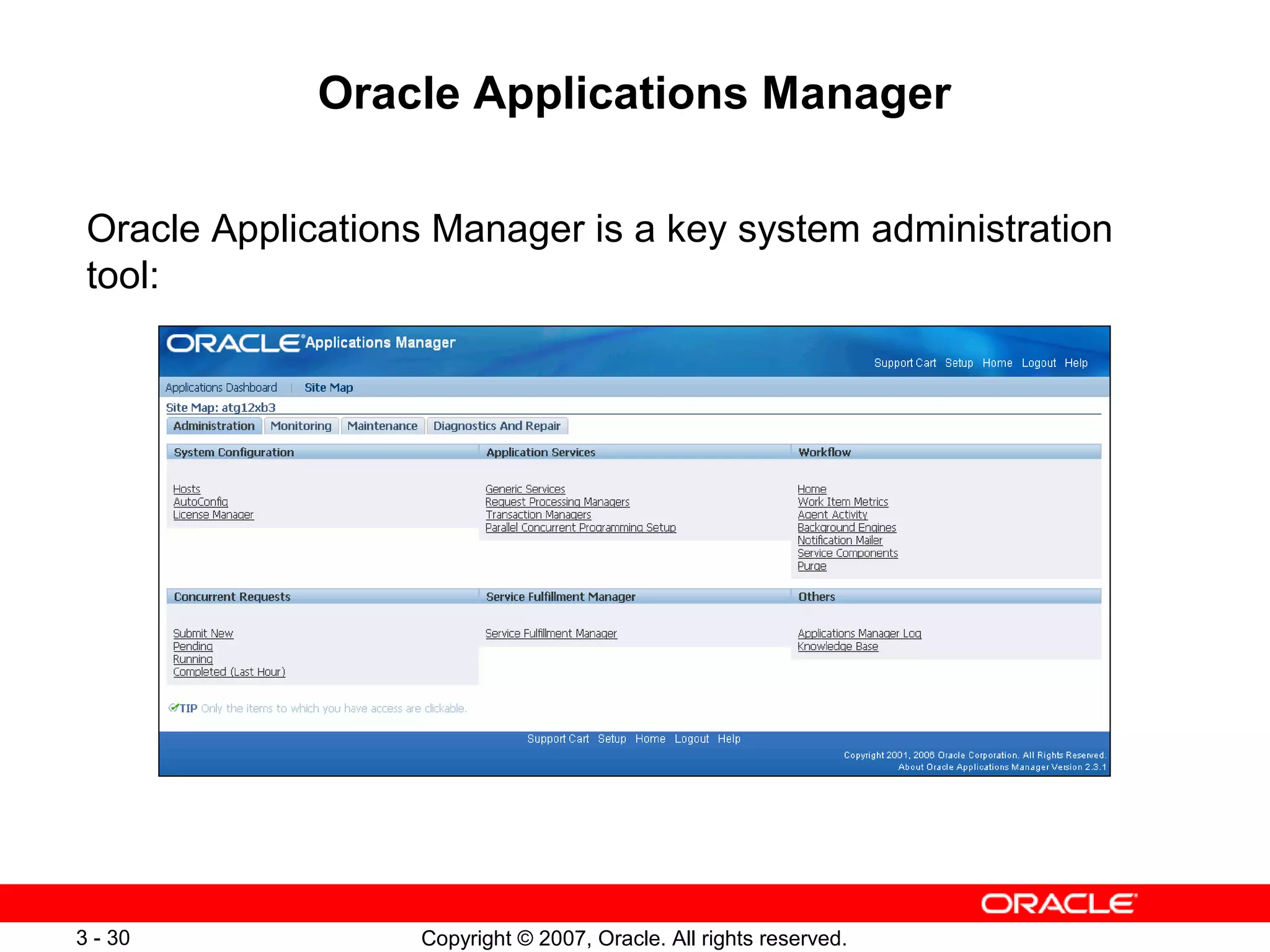 Copyright © 2007, Oracle. All rights reserved.3 - 30
Oracle Applications Manager
Oracle Applications Manager is a key system administration
tool:
 