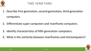 6/8/2018 E.C. MWALIMU
1. Describe First generation, second generation, third generation
computers.
2. Differentiate super computers and mainframe computers.
3. Identify characteristics of fifth generation computers.
4. What is the similarity between mainframes and minicomputers?
TAKE HOME TASKS
 