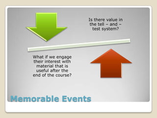 Memorable Events
Is there value in
the tell – and –
test system?
What if we engage
their interest with
material that is
useful after the
end of the course?
 