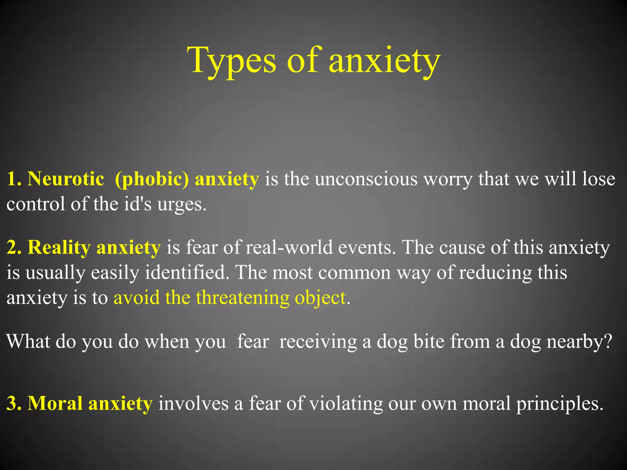 Types of anxiety
1. Neurotic (phobic) anxiety is the unconscious worry that we will lose
control of the id's urges.
2. Reality anxiety is fear of real-world events. The cause of this anxiety
is usually easily identified. The most common way of reducing this
anxiety is to avoid the threatening object.
What do you do when you fear receiving a dog bite from a dog nearby?
3. Moral anxiety involves a fear of violating our own moral principles.

 