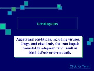 teratogens Agents and conditions, including viruses, drugs, and chemicals, that can impair prenatal development and result in birth defects or even death. Click for Term 