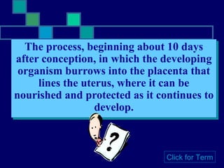 The process, beginning about 10 days after conception, in which the developing organism burrows into the placenta that lines the uterus, where it can be nourished and protected as it continues to develop. Click for Term 
