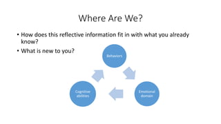 Where Are We?
• How does this reflective information fit in with what you already
know?
• What is new to you?
Behaviors
Em...