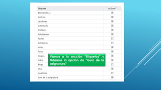Vamos a la sección “Etiquetas” y
tildamos la opción de “Guía de la
asignatura”
 