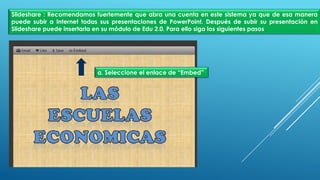 Slideshare : Recomendamos fuertemente que abra una cuenta en este sistema ya que de esa manera
puede subir a Internet todas sus presentaciones de PowerPoint. Después de subir su presentación en
Slideshare puede insertarla en su módulo de Edu 2.0. Para ello siga los siguientes pasos
a. Seleccione el enlace de “Embed”
 