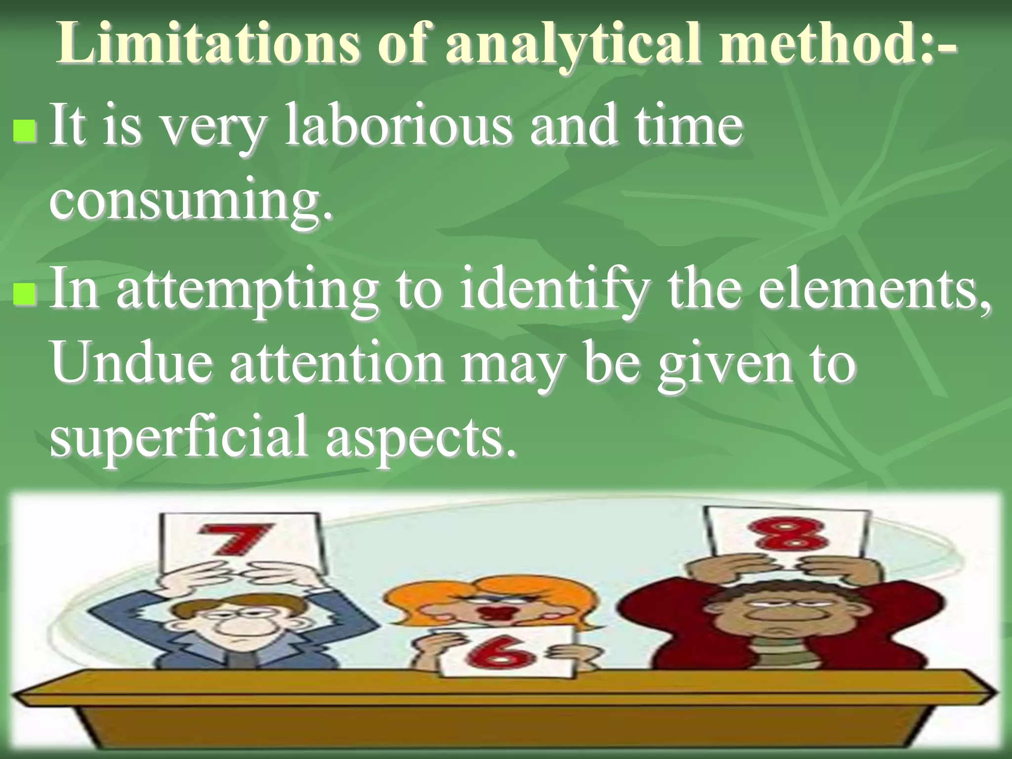Limitations of analytical method:-
 It is very laborious and time
consuming.
 In attempting to identify the elements,
Undue attention may be given to
superficial aspects.
 