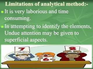 Limitations of analytical method:-
 It is very laborious and time
consuming.
 In attempting to identify the elements,
Undue attention may be given to
superficial aspects.
 
