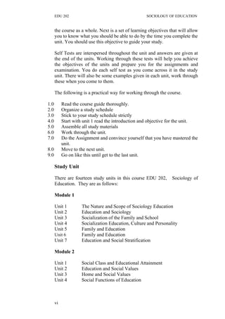 EDU 202 SOCIOLOGY OF EDUCATION
the course as a whole. Next is a set of learning objectives that will allow
you to know what you should be able to do by the time you complete the
unit. You should use this objective to guide your study.
Self Tests are interspersed throughout the unit and answers are given at
the end of the units. Working through these tests will help you achieve
the objectives of the units and prepare you for the assignments and
examination. You do each self test as you come across it in the study
unit. There will also be some examples given in each unit, work through
these when you come to them.
The following is a practical way for working through the course.
1.0 Read the course guide thoroughly.
2.0 Organize a study schedule
3.0 Stick to your study schedule strictly
4.0 Start with unit 1 read the introduction and objective for the unit.
5.0 Assemble all study materials
6.0 Work through the unit.
7.0 Do the Assignment and convince yourself that you have mastered the
unit.
8.0 Move to the next unit.
9.0 Go on like this until get to the last unit.
Study Unit
There are fourteen study units in this course EDU 202, Sociology of
Education. They are as follows:
Module 1
Unit 1 The Nature and Scope of Sociology Education
Unit 2 Education and Sociology
Unit 3 Socialization of the Family and School
Unit 4 Socialization Education, Culture and Personality
Unit 5 Family and Education
Unit 6 Family and Education
Unit 7 Education and Social Stratification
Module 2
Unit 1 Social Class and Educational Attainment
Unit 2 Education and Social Values
Unit 3 Home and Social Values
Unit 4 Social Functions of Education
vi
 