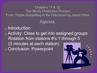 Chapters 11 & 12 The Media Production ProcessFrom: Digital Storytelling in the Classroom by Jason OhlerAgenda: ,[object Object]