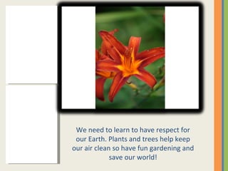 We need to learn to have respect for our Earth. Plants and trees help keep our air clean so have fun gardening and save our world! 