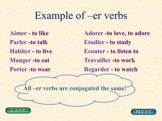 Example of –er verbsAimer - to likeParler-to talkHabiter- to liveManger -to eatPorter -to wearAdorer -to love, to adoreEtudier- to studyEcouter- to listen to Travailler-to workRegarder- to watchAll –er verbs are conjugated the same!