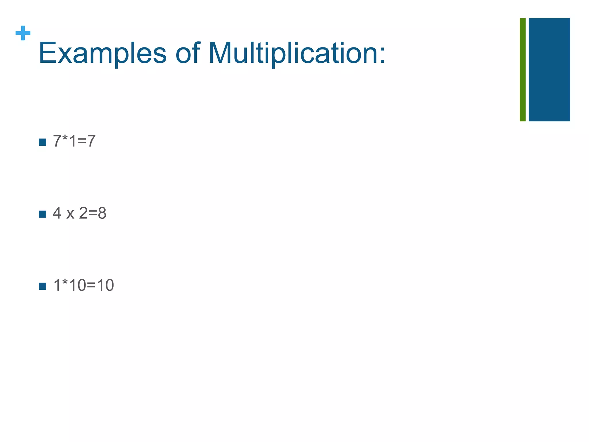 Examples of Multiplication:7*1=74 x 2=81*10=10