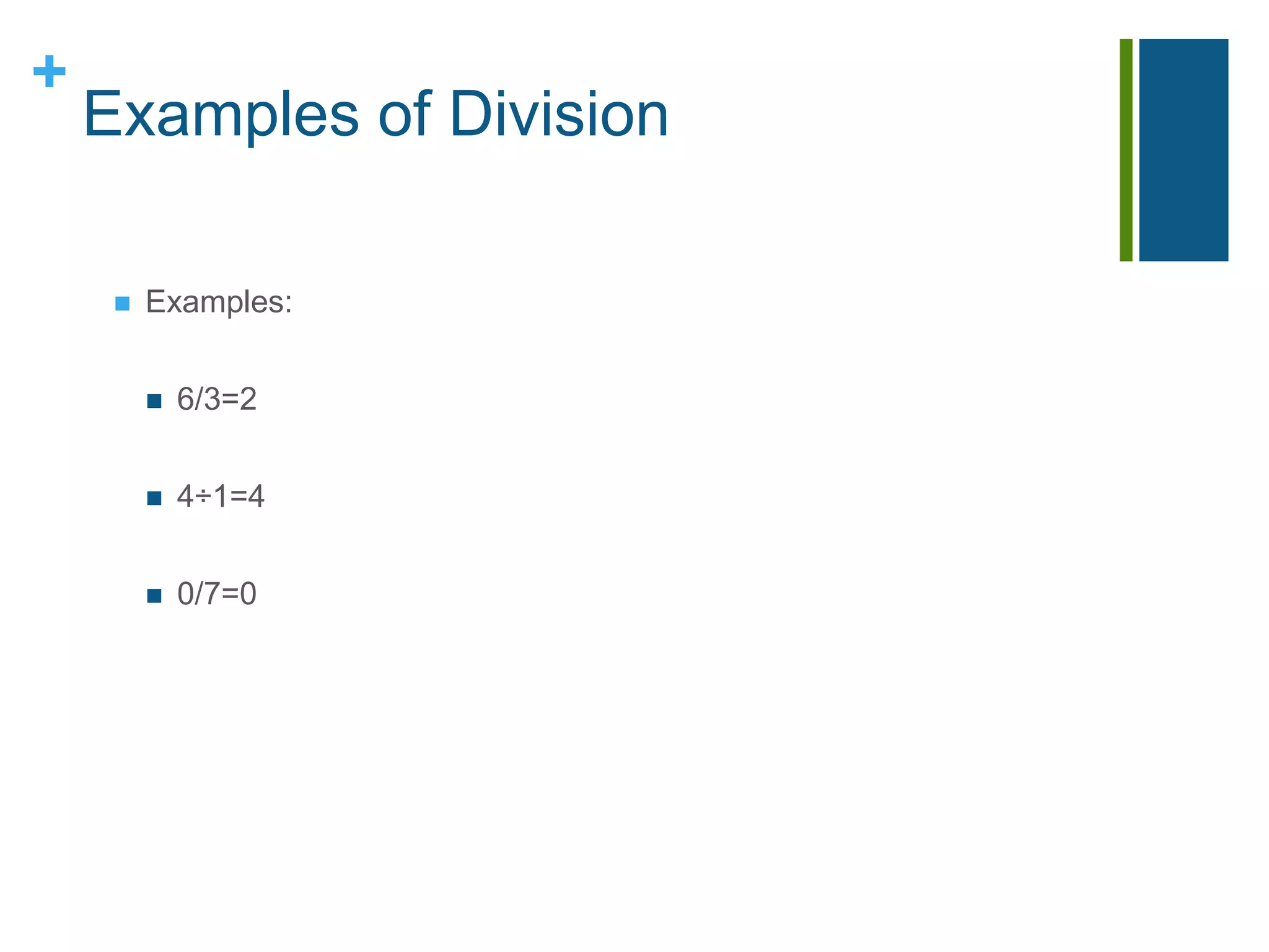 Examples of DivisionExamples:6/3=24÷1=40/7=0